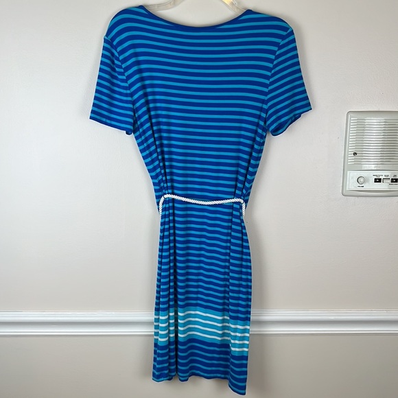 Calvin Klein Striped Blue/Turquoise/White T-Shirt Dress w/Belt, Size 8, Rayon - Picture 8 of 14